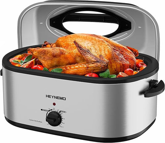 28Qt Electric Roaster Oven, with Self-Basting Lid, Removable Pan, Cool-Touch Handles, 1450W Stainless Steel Turkey Roaster Oven, Silver