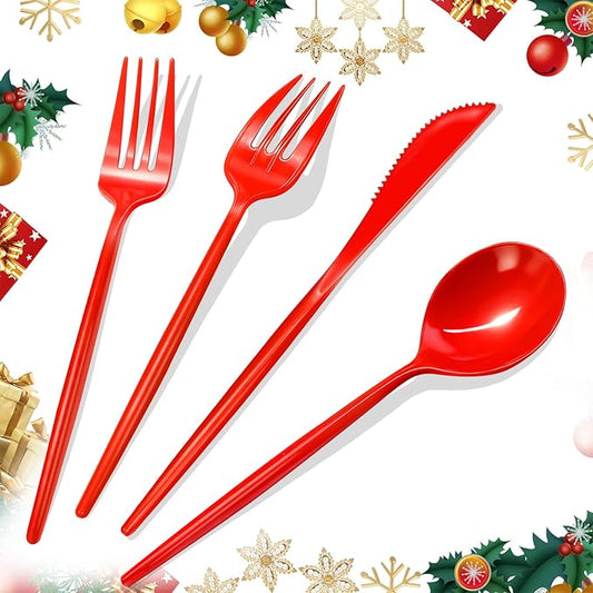 120 Pack Red Plastic Silverware Heavy Duty, Red Plastic Utensils, Sturdy Disposable Cutlery, 40 Forks 40 Spoons 40 Knives for Birthday, Graduation, Christmas, Chinese New Year, Valentines Day
