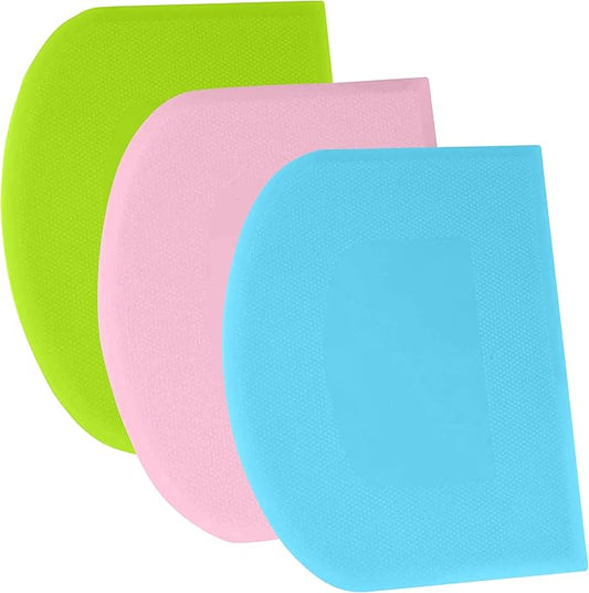 SURDOCA Dough Scraper Bench Scraper - 3P 9.5x6.1" Plastic Flexible Bowl Scraper, Sharp Edge & Angles Cake Scraper. Non-Slip Bakeware Decorating Tools Sculpting & Modeling Tools - Pink+Blue+Green
