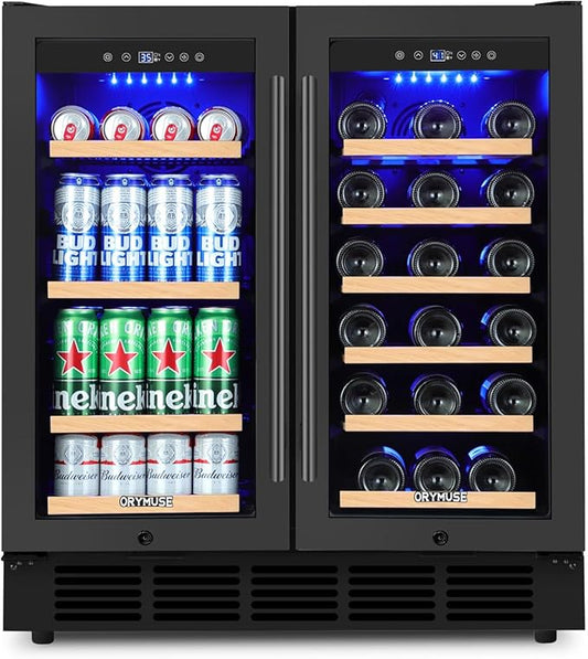 ORYMUSE 30 Inch Dual Zone Wine & Beverage Refrigerator, Built-In or Freestanding Wine Fridge with Seamless Black Stainless Steel Door, Glass Door, Digital Touch Control, Holds 30 Bottles & 110 Cans