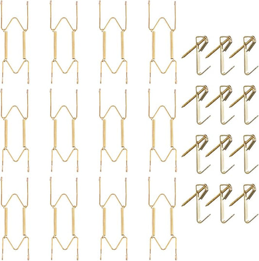 Bilillo 12 Pieces Invisible Heavy Duty Plate Holders, Stainless Steel Plate Hangers for The Wall, Plate Hangers for Display with Wall Hooks, Suitable for 6-8 inch Decorative Plates and Arts (Gold)