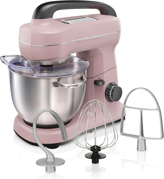 Hamilton Beach Electric Stand Mixer, 4 Quarts, Dough Hook, Flat Beater Attachments, Splash Guard, 7 Speeds with Whisk, Easy-Carry Top Handle, Pink