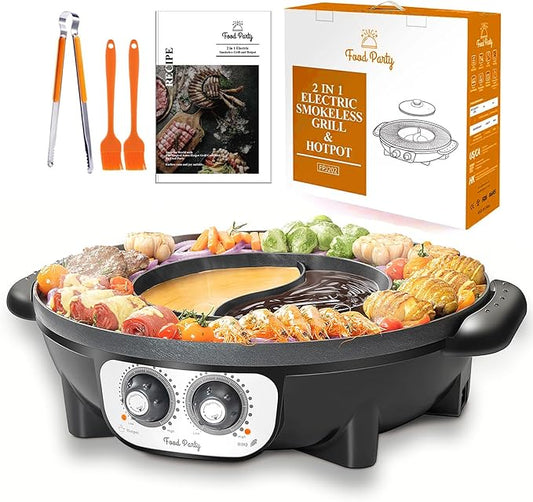 Food Party Hot Pot with Grill 2 in 1 Electric Smokeless Grill and Hotpot Pot Combo Korean BBQ Grill 110V 1700W