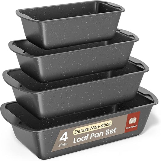 Nonstick Loaf Pan Set Pack of 4, 7" to 11" Large Baking Bread Pan, Oven Safe Up to 450°F, PFOA, PFOS, PTFE Free, Space Saving Stackable Design, Stain Resistant, Dishwasher Friendly, Gray Marble