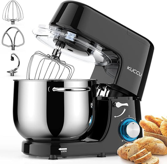 9.5 QT Double Handle KUCCU Stand Mixer, 6 Speed with Pulse Electric Kitchen Mixer, 660W Tilt-Head Food Mixer with Dishwasher-Safe Dough Hook, Flat Beater, Whisk, Splash Guard for home baking (Black)