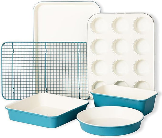 CAROTE 6-Piece Ceramic Baking Pans Set, Aluminized Steel Bakeware Sets, Toxin-Free Nonstick Stackable Oven Pans with Cookie Sheet, Muffin Pan, Loaf Pan, Round & Square Cake Pan, Cooling Rack