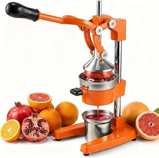 Cast Iron Citrus Juicer - 13.8LB Heavy Duty Manual Orange Press, 304 Stainless Steel Cup & Strainer, Professional Lemon Grapefruit Pomegranate Squeezer for Home Bar Kitchen, Orange