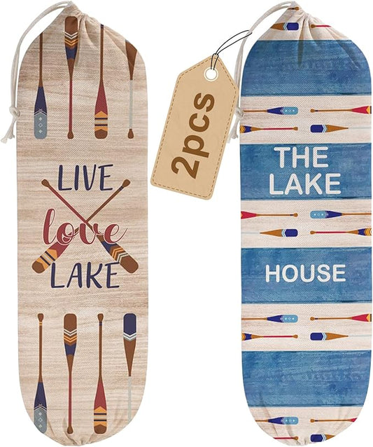 2Pcs Lake House Plastic Bag Holder for Kitchen Essentials, Reusable Hanging Grocery Bag Organizer, Washable Large Grocery Trash Bags Storage Dispenser Lake House Decor for the Home