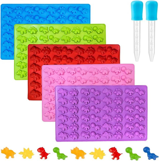 Gummy Candy Molds - 5Pcs Silicone Gummy Mini Dinosaur Molds With 2pcs Dropper,Non-stick and Bpa Free for Mini Candy Chocolate Gummies Baking