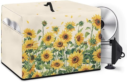 Meat Slicer Cover for Home Use Dust-proof Food Slicers Meat Slicer Protection Case with Side Pockets for Stainless Steel Blade, Brush, Recipe Kitchen Decor, Sunflower Green Leaf Print