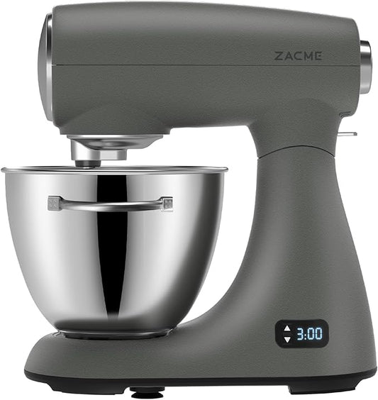 Mixers Kitchen Electric Stand Mixer 5.5QT 600W, Aluminum die casting and Gears, Dual Cooling System, Low Noise, DC Motor, LED Display and Timing Function, Tilt-head Metal Food Mixer, Grey