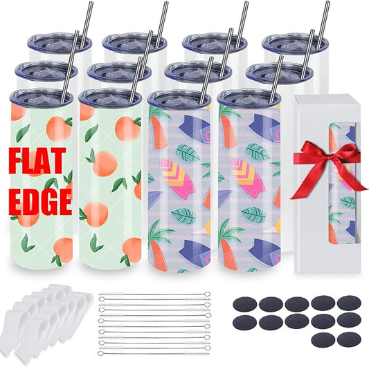 12 Pack 20oz Sublimation Tumblers Bulk With Flat Edge, 20OZ Flat Sublimation Tumbler Blank, Skinny Straight Stainless Steel Blanks Cups with Individual Box (12, 20OZ FLAT EDGE)