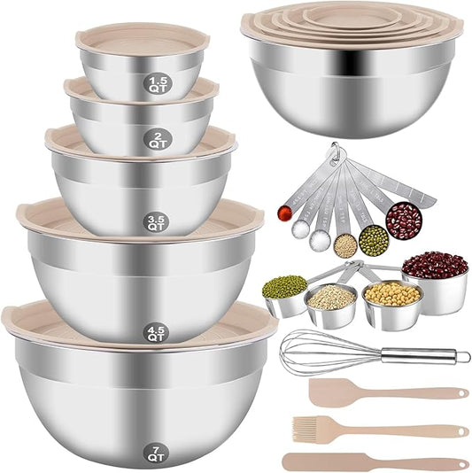 WEPSEN Mixing Bowls Set, 25PCS Khaki Mixing Bowls With Lids Set Stainless Steel Kitchen Large Nesting Metal Bowl 7QT to 1.5QT, Measuring Cups and Spoons for Prepping Cooking Serving