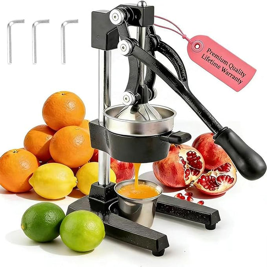 Cast Iron Manual Citrus Juicer Hand Press, Heavy-Duty Commercial Grade, Stainless Steel Lemon Orange Squeezer Effortless, Stable, Easy Clean for Home, Bar, Commercial Use