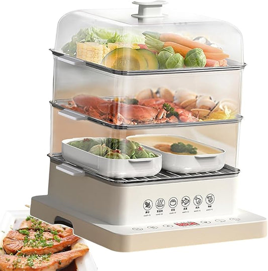 Food Steamer Electric Multicooker 800W | 3 Layers with Automatic Heat Preservation | Foldable Design | Touch Control Visual Panel