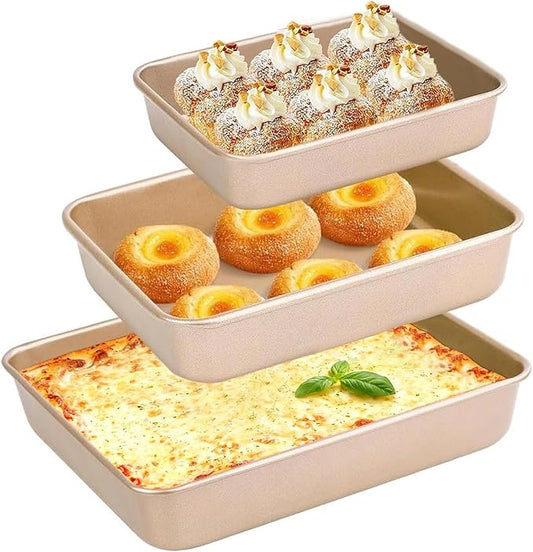 AMAGABELI GARDEN & HOME Nonstick Deep Baking Pans for Oven Tray Cake Carbon Steel Pan Baking Sheets Set of 3 Rectangle Bakeware Set for Cake Lasagna Brownie Casserole Cookie Cooking (9''/10''/13'')