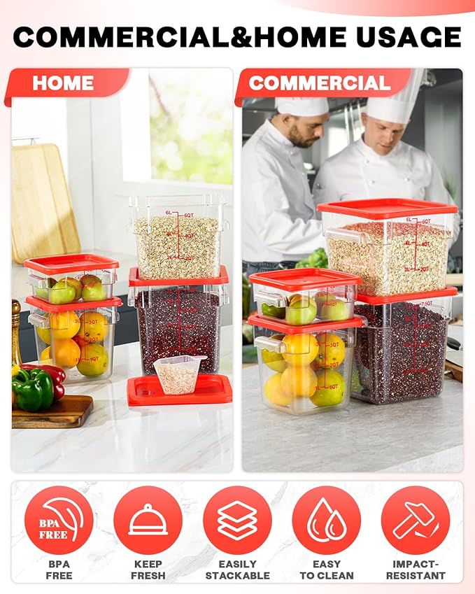 12 Quarts Sous Vide Container: 6 PCS Commercial Food Storage Containers with Lids - Clear Food Container with Scales Handles for Home Restaurant Kitchen Storage Pizza Bread, Red N1