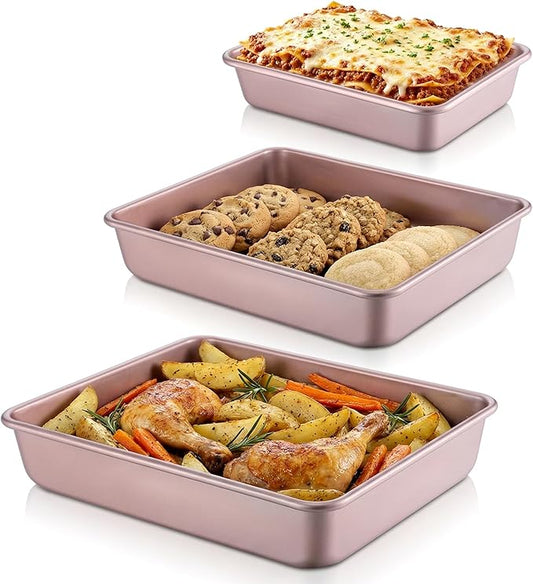 Deep Baking Pans Set of 3, Stainless Steel Sheet Cake Pan Nonstick Rectangle Cake-Baking Sheet, Metal Oven Tray 13/11/9 Inch for Cake Lasagna Brownie Casserole Cookie, Golden