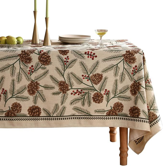 ISAENNE Designer Christmas Beige Linen Rectangular Tablecloth,Pinecones Pattern Indoor Tablecloths,Washable Decor Table Cloth for Dining Thanksgiving Kitchen Christmas,55"*87"-Carol B