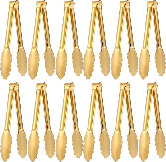 12 Pack Stainless Steel Buffet Tong Gold Serving Tongs 9 Inch Buffet Utensils Heavy Duty Durable Clamps Metal Kitchen Clip for Salad Steak Wedding Party Banquet Gathering