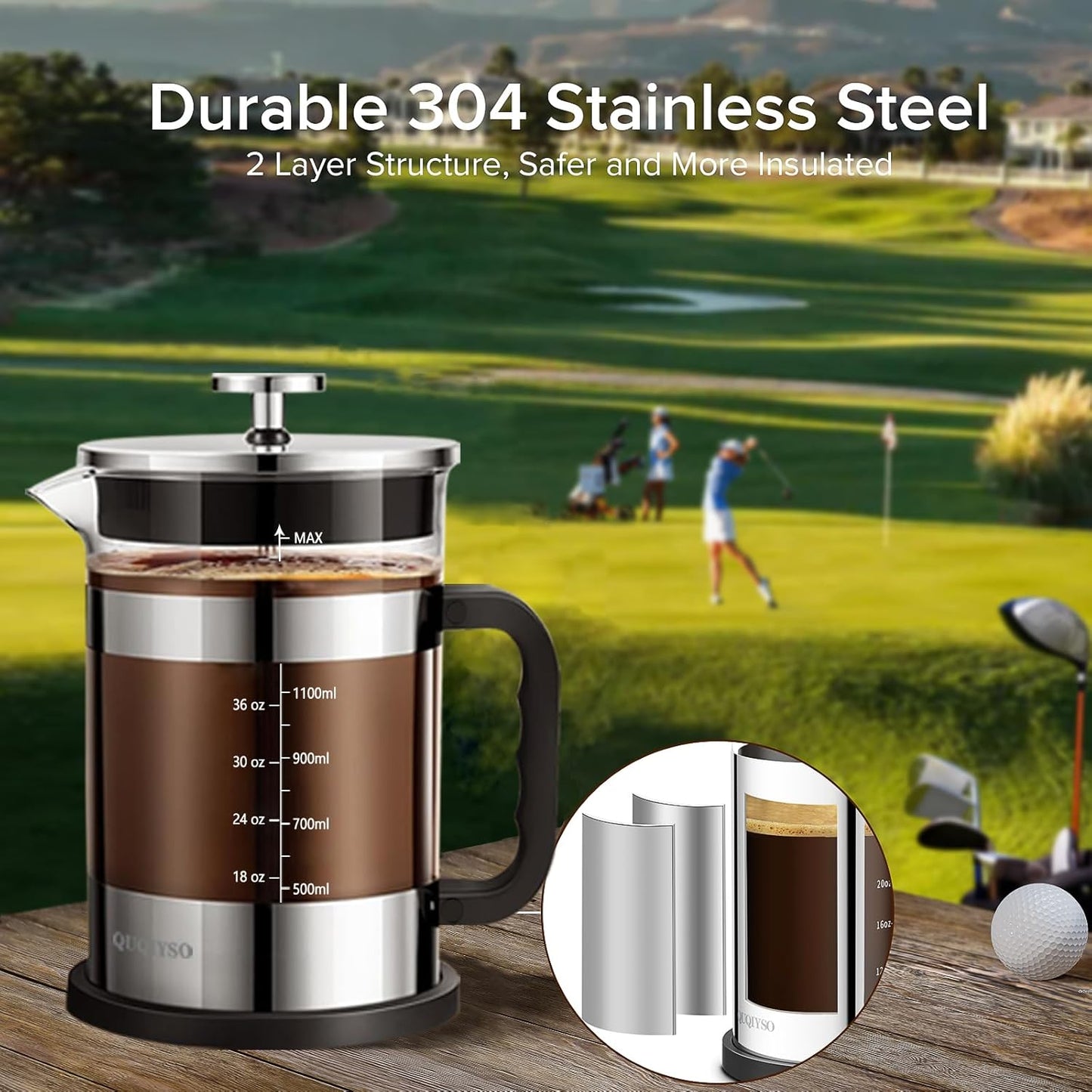 QUQIYSO French Press Coffee Maker 51oz 304 Stainless Steel French Press with 4 Filter, Heat Resistant Durable, Easy to Clean, Borosilicate Glass Coffee Press, Sliver