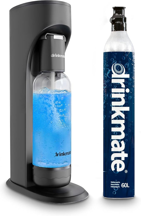 Drinkmate OmniFizz Sparkling Water Maker & Soda Streaming Machine | Carbonates Any Drink | STARTER KIT | Includes One 60L CO2 Cartridge + One BPA-Free Bottle (Matte Black)