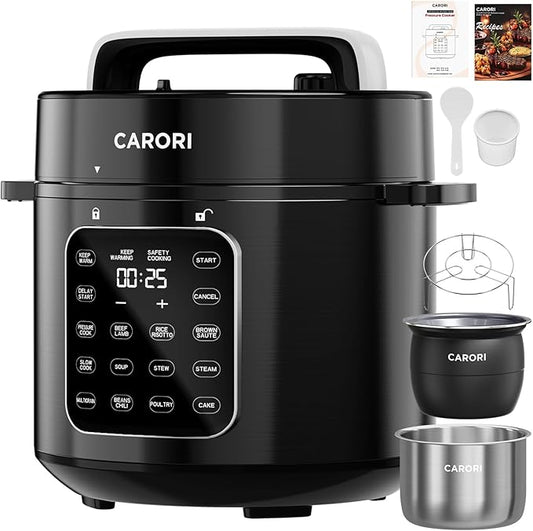 6Qt 9-in-1 Electric Pressure Cooker, Dual Inner Pots, Stainless Steel Pot and Non-Stick Pot, 12 Preset Cooking Programs with IMD Touchscreen, Safe Vent, Slow Cook, Rice Cook, Steam, Black