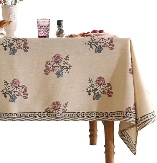 ISAENNE Designer Linen Light Beige Extra Long Table Cloth Rectangle,French Colorful Floral Tablecloth,Stain Resistant Decor Tablecloths for Dining Thanksgiving Kitchen,67"*118"-Helena E
