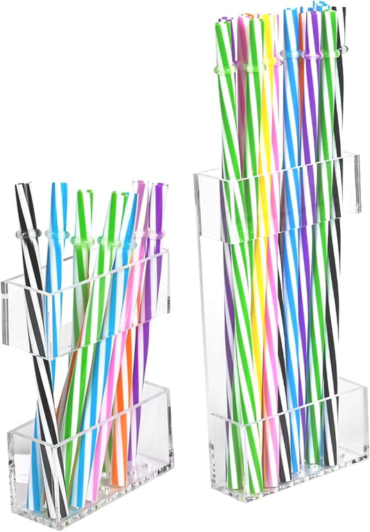 2 PACK Acrylic Straw Holder for Cabinet Doors, Reusable Straw Organizer with Ultra-Sticky Adhesive, Small Kitchen Accessories Container, Fits Both Short & Long Straws (Transparent)