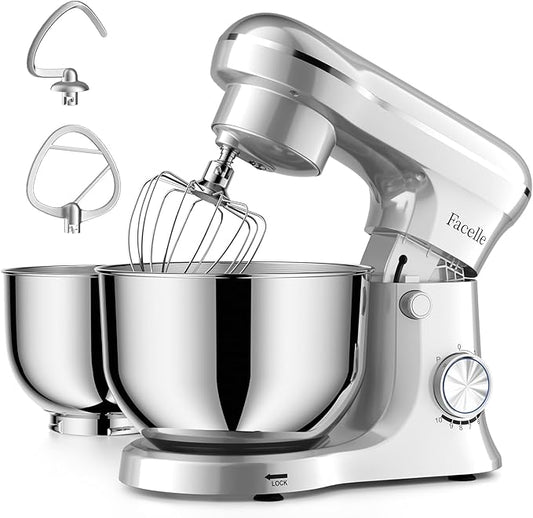Facelle Tilt-Head Stand Mixer, 5QT+6QT Stainless Steel Two Bowls, 10 Speeds Kitchen Electric Food Mixer with Egg Whisk, Dough Hook, Beater, Dishwasher-Safe Attachment, Ideal Gift for Mom (Sliver)