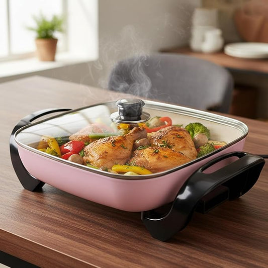 12" Ceramic Nonstick Electric Skillet with Tempered Vented Glass Lid, Scratch-Resistant Surface, Cool-Touch Handles, Removable Easy-to-Clean Design, 1200W, Vibrant Pink