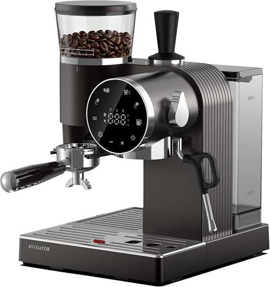20 Bar Espresso Machine | LED Screen Touch Control | 6 Level Adjustable Grinder | Drip Coffee & Cold Brew, Milk Frother, Assisted Tamper & Built-In Accessory Storage Box | 50oz Tank