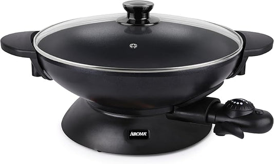 Aroma Housewares AEW-306 Electric Wok with Tempered Glass Lid Easy Clean Nonstick, Cooking Chopsticks, Tempura and Steaming Racks, Professional Model, Black