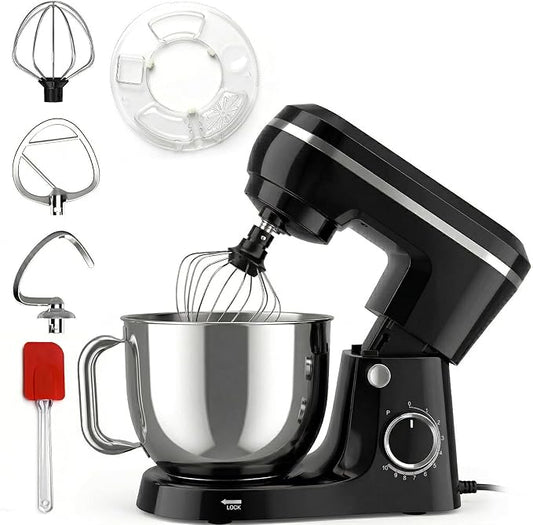 Electric Stand Mixer with 6.5QT Bowl with Handle, Kitchen Mixer with Tilting Head for Bread Dough and Cake with Dough Hook, Whisk, Splash Guard and Egg Separator (Black)