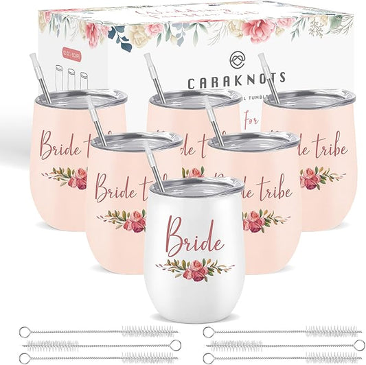 CARAKNOTS Bride Tribe Gifts Bride Tribe Cups Set of 6 Bachelorette Party Gifts Wedding Wine Tumbler for Bridal Shower Engagement Party Favor Cups Pink Stainless Steel Tumbler with Lid and Straw 12 oz