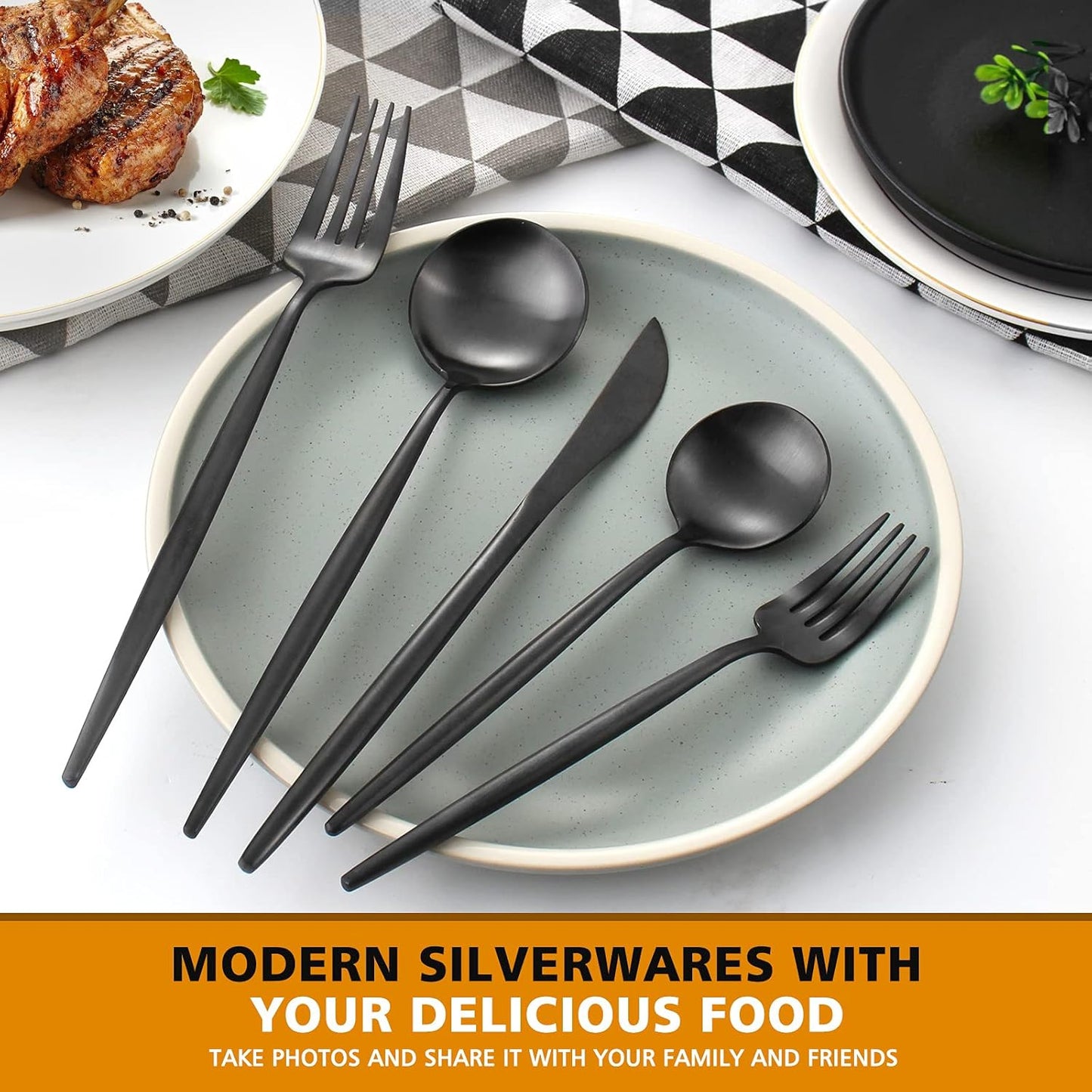 Matte Black Silverware Set, Oliviola 60-Piece Stainless Steel Flatware Cutlery Set Service for 12, Satin Finish Kitchen Utensil Set, Dishwasher Safe