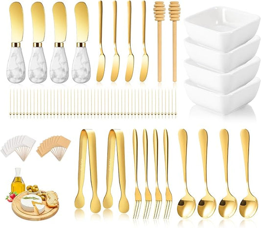 Charcuterie Board Accessories With 3 Oz Ceramic Dip Bowls, Ceramics Handle Gold Cheese Spreader Butter Knive Set Kit, Mini Tongs, Spoons, Forks,Honey Dipper, Cocktail Picks
