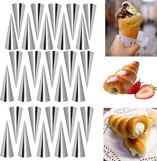 Joyeee 30 Pack Non-stick Large Cream Horn Molds - 5" Stainless Steel for DIY Cooking Danish Pastry, Lady Lock Form, Croissant Roller, Ice Cream Egg Roll