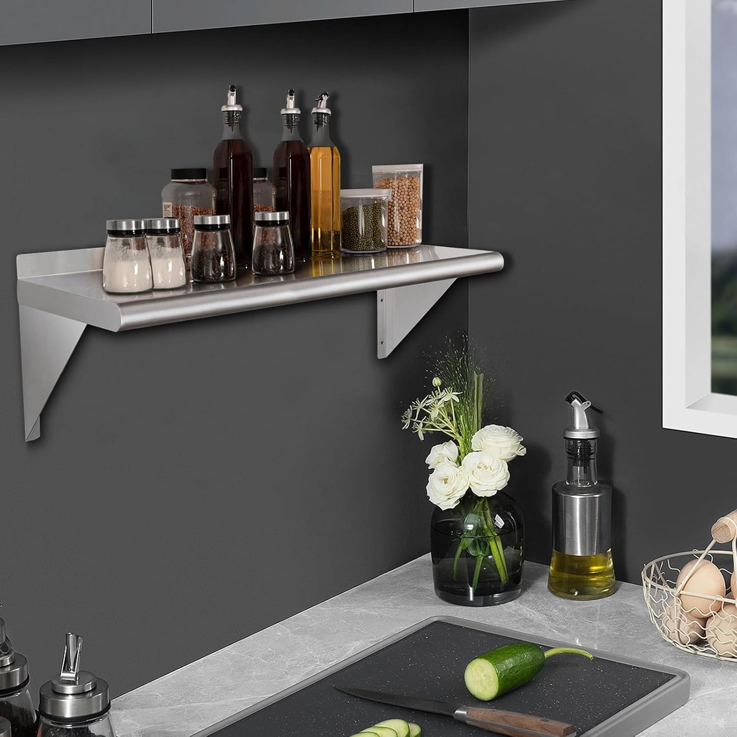 HARDURA Stainless Steel Shelf 14" x 48", 310lb Commercial Shelves Wall Mount Metal Shelving with Backsplash and Brackets for Kitchen, Restaurant, Laundry Room and Home
