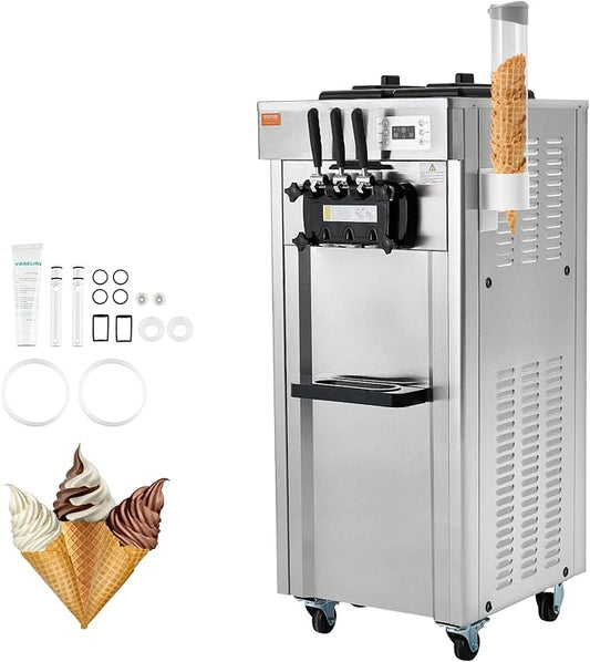 VEVOR 1850W Commercial Soft Ice Cream Machine 3 Flavors 5.5 to 8.2Gallon per Hour PreCooling at Night Auto Clean LCDPanel for Restaurants Snack Bar, Sliver