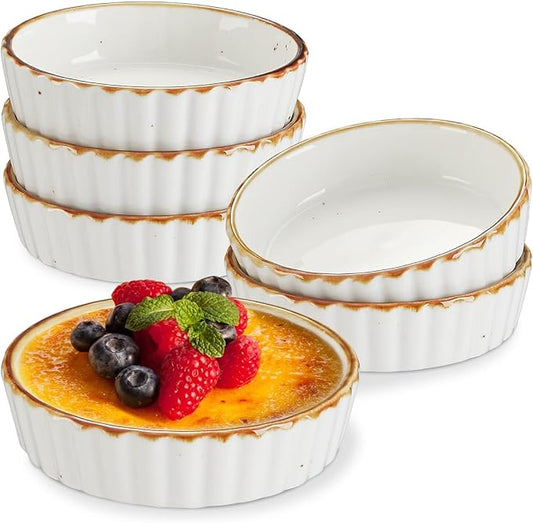 ONEMORE Ramekins 4 oz - Oven Safe Shallow Ramekins with Brown Rim for Creme Brulee - Speckled, Fluted, Set of 6