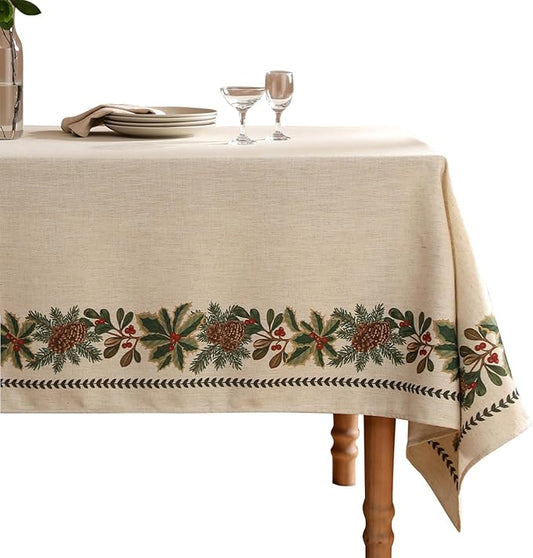 ISAENNE Designer Christmas Linen Long Tablecloth Rectangle,Light Beige Western Table Cloth,Wrinkle Resistant Decor Tablecloths for Dining Thanksgiving Kitchen Christmas,63"*102"-Carol G