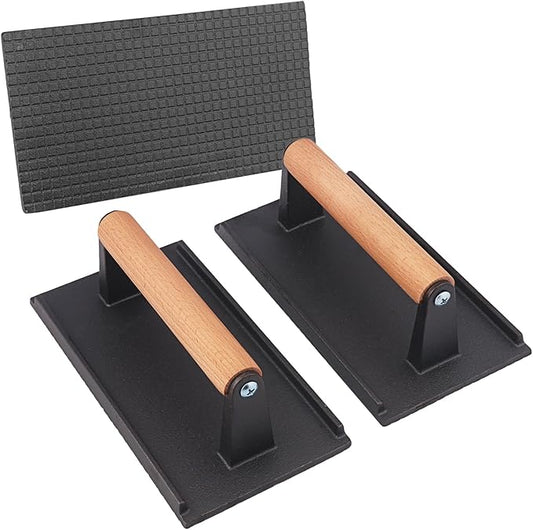 3 Packs 8.26 x 4.3 Inch Cast Iron Grill Press Set, Heavy Duty Steak and Burger Press with Wooden Handle for Burgers, Bacon, Paninis, and More! by Genhakon