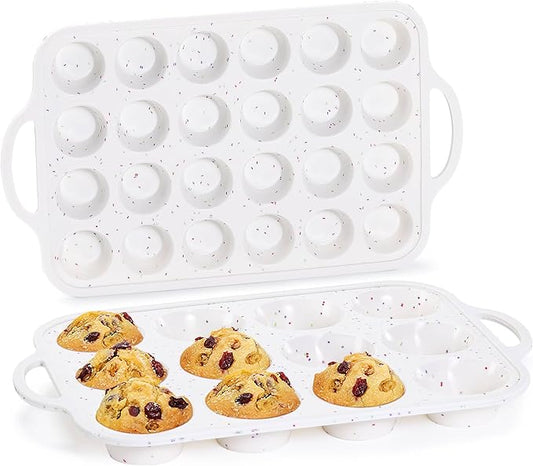 CAKETIME Silicone Muffin Pans for Baking, Metal Reinforced Frame Regular 12 Cups & Mini 24 Cups Cupcake Pan Set Nonstick Muffin Pan for Homemade Baking Easy to Handle