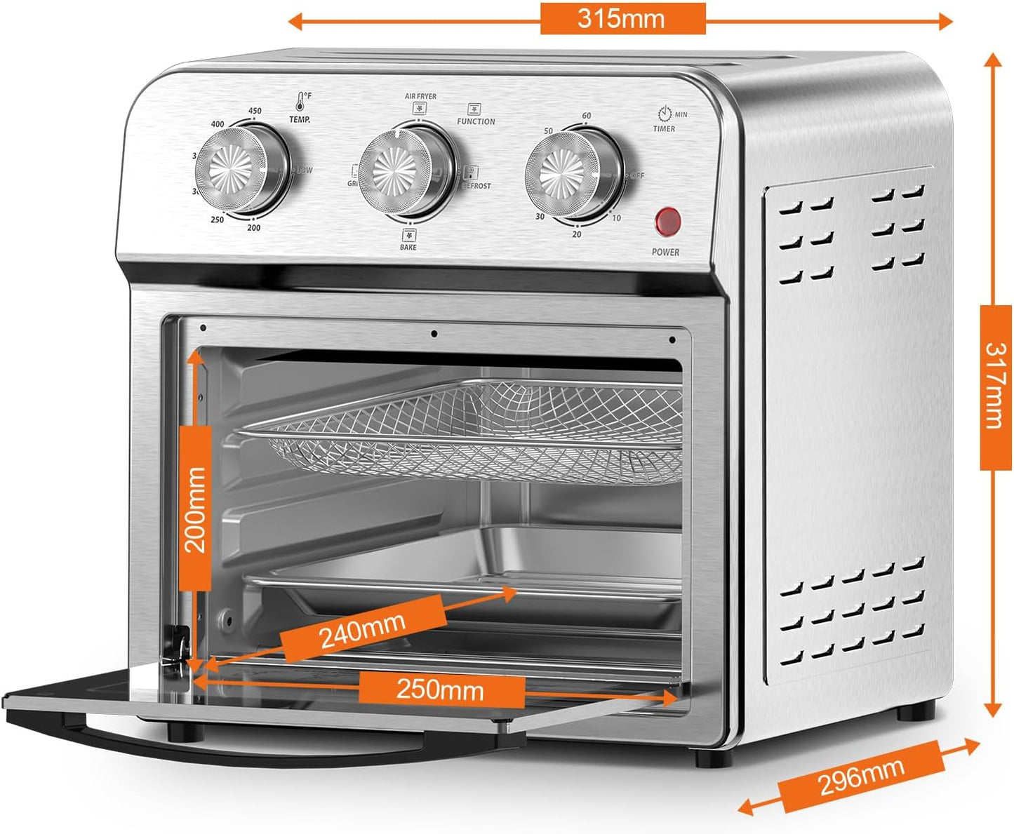 PlumChef 13 Quart 4 Slices Air Fryer Convection Toaster Oven, 1500W, Multifunction Oven for Roast, Bake, Grill, Broil, Toast（stainless steel）