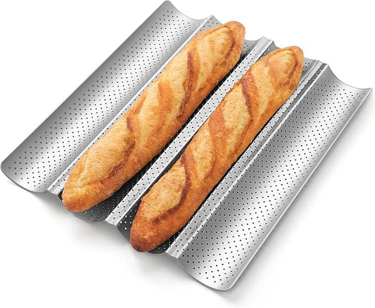 Pavsrmy Baguette Bread Pan, Premium Nonstick Perforated Baguette Pan for French Bread Baking, 4 Loaves Baguette Baking Tray for Sourdough, Italian Bread, Perfect for Creating Crisp Golden-Brown Crust