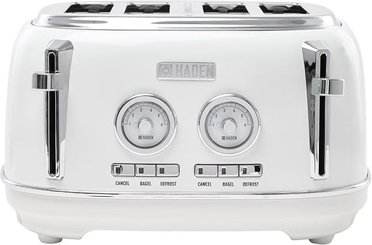 Haden Dorset 4 Slice Wide Slot Stainless Steel Toaster with Adjustable Browning Control & Non-Slip Feet, Ivory & Chrome