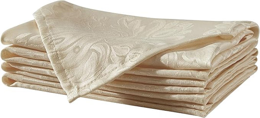 Newbridge Barcelona Luxury Damask Fabric Napkins, Set of 4 Square Napkins, Golden Beige, 100% Polyester, No Iron, Soil Resistant Dining Room, Party and Banquet Napkins
