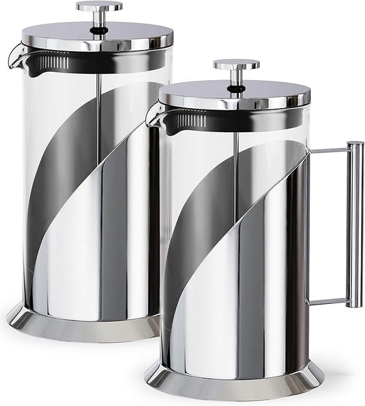 Cafe Du Chateau Stainless Steel French Press Coffee Maker 34 oz – Insulated Coffee Press with 4-Level Filtration, Manual Brewer for Tea, Camping & Travel, BPA-Free Glass (Pack of 2)
