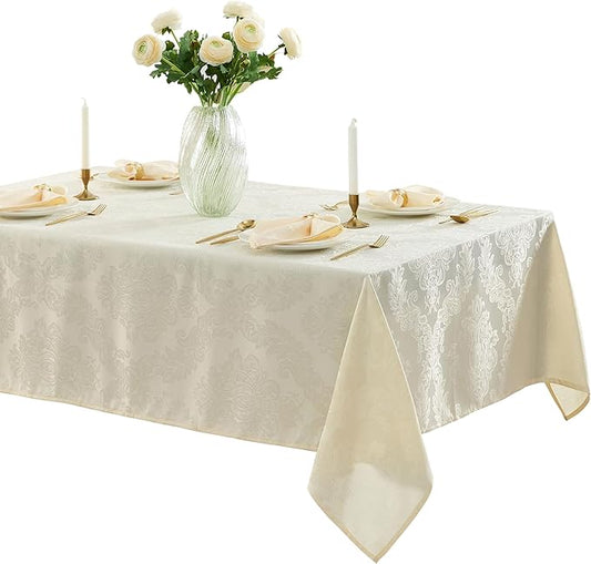 Newbridge Barcelona Luxury Damask Fabric Tablecloth, 60” Wide x 102” Rectangle, Antique White, 100% Polyester, No Iron, Soil Resistant Dining Room, Party and Banquet Table Cover